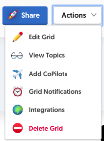 This is an image of the Actions drop down, which includes Edit Grid, View Topics, Add CoPilots, Grid Notifications, Integrations, and Delete Grid. 